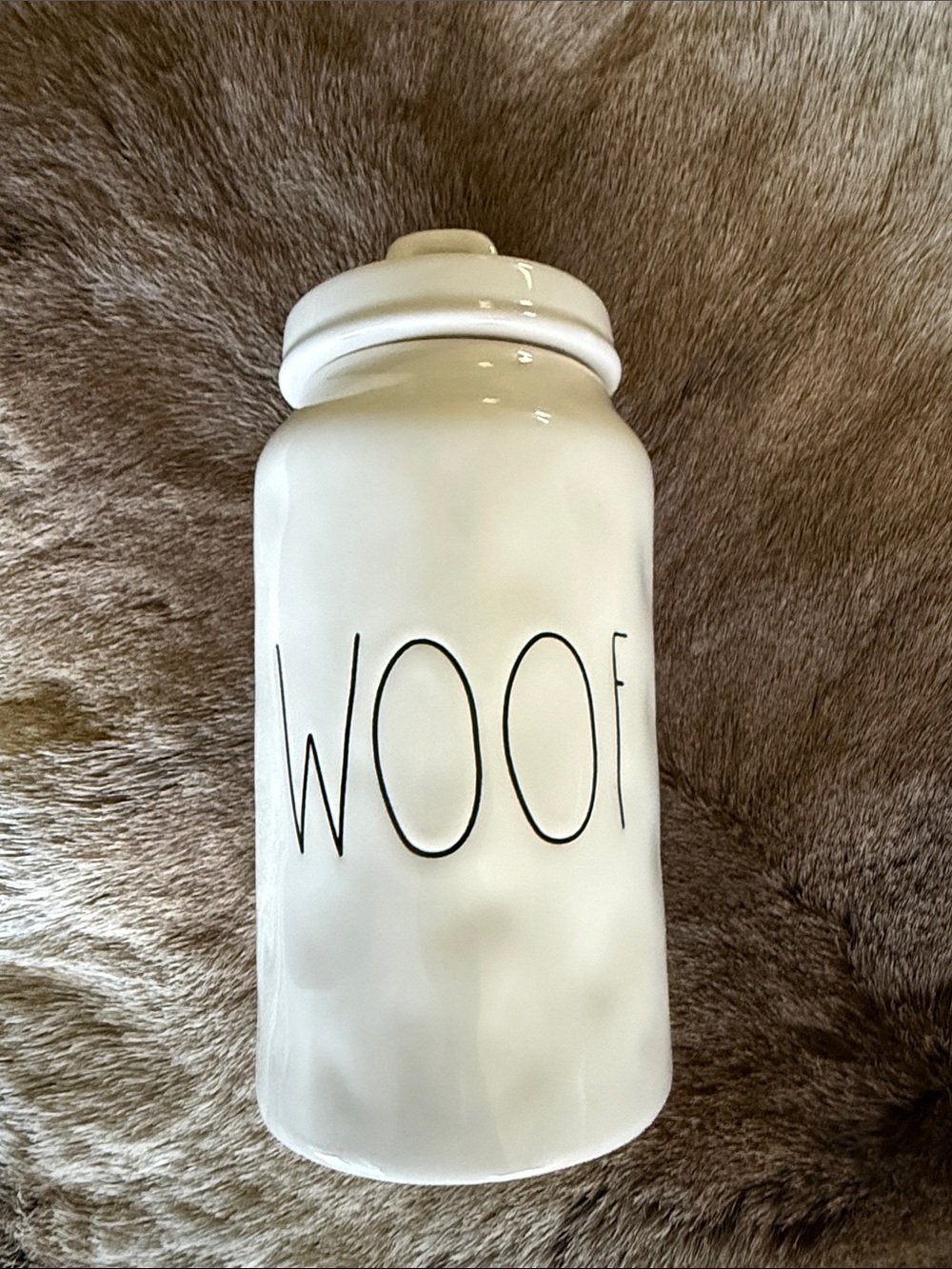 Rae Dunn Pet Treat Jar with 'WOOF'
